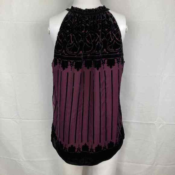 Max Studio‎ Shirt Womens XS Purple Black Velvet Floral Sleeveless Halter Pleated - Picture 4 of 9